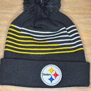 New Era Kids Black Beanie with Yellow & White Stripes and Pom